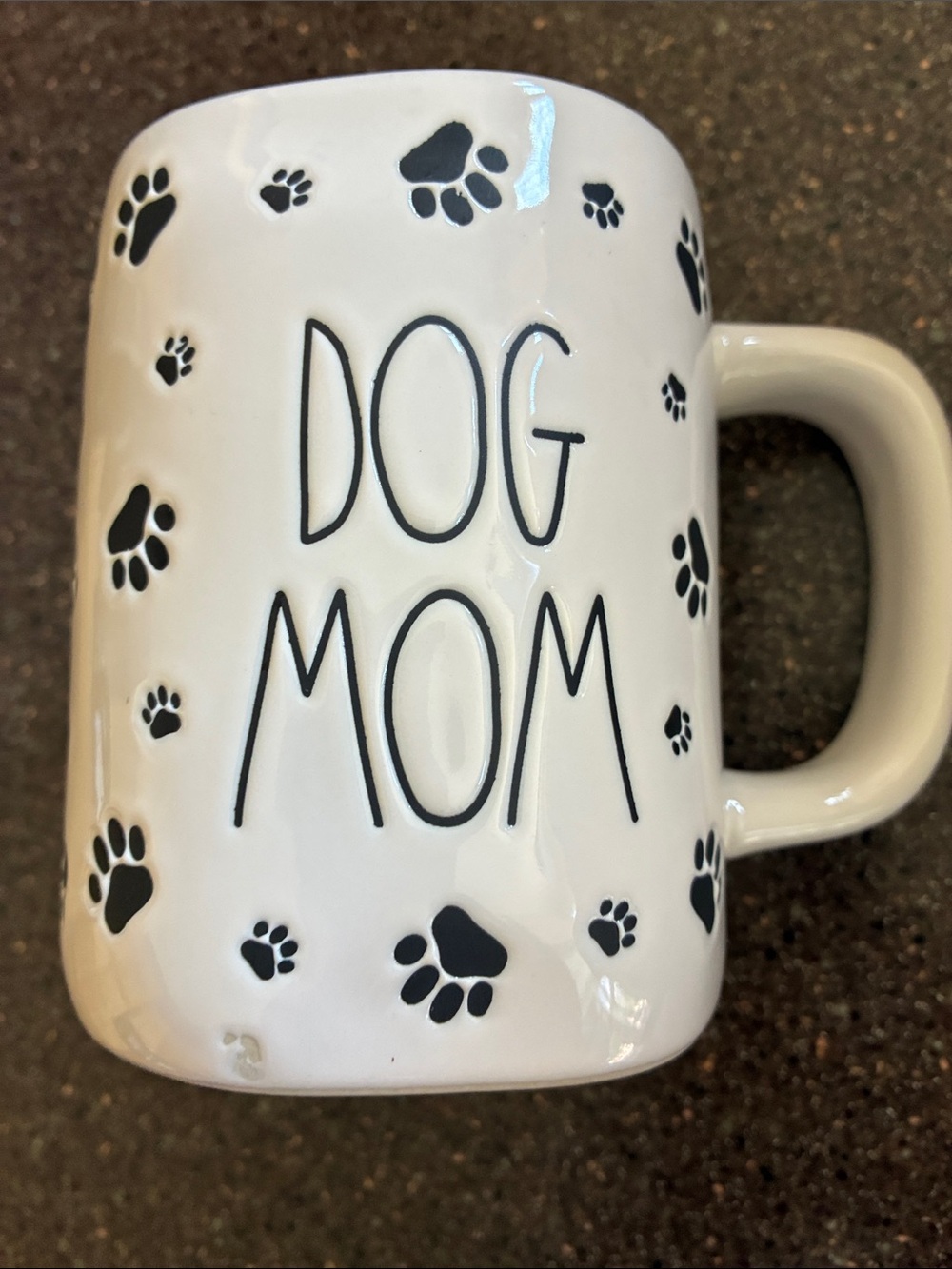 Rae Dunn Dog Mom Ceramic Mug - White with Black Paw Prints